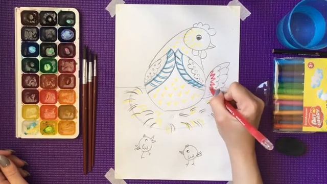 Рисуем курочку с цыплятами поэтапно /Учимся рисовать/Уроки ИЗО смотреть онлайн