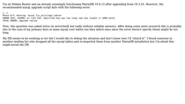 MariaDB mysql_upgrade 10.3.22 to 10.4.13 fails with error "Specified key was too long" смотреть онлайн