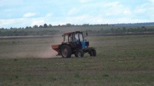 2 МТЗ 82.1 БЕЛАРУС с AMAZONE ZA-M  разбрасывают удобрения.