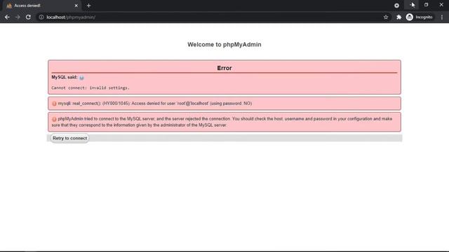 Access Denied MySQL Error cannot connect invalid setting | phpMyAdmin Error смотреть онлайн