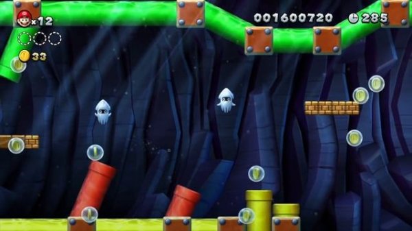 New Super Mario Bros U Deluxe World 1 secret level - Bloopers Secret Lair gold star coins