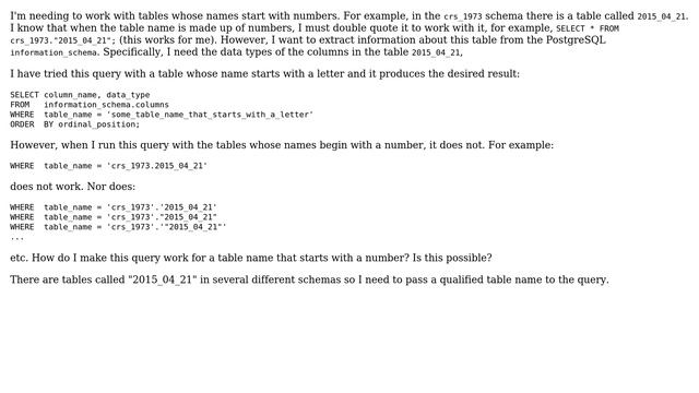 Working with PostgreSQL information_schema and tables (with same names, in different schemas)... смотреть онлайн