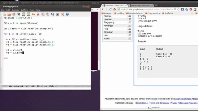 Minimum Scalar product Code Jam practice 1A 2008 - solution in ruby смотреть онлайн