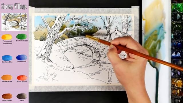 [Pen & Watercolor] Snowy Village (Urban sketch, pen drawing & painting) смотреть онлайн