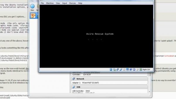 Oracle VM VirtualBox virtual machine avira rescue system no boot black screen