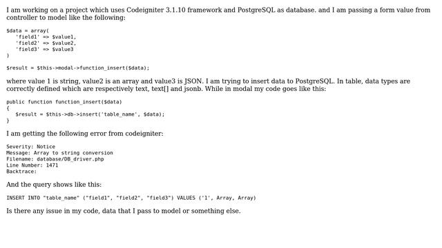 Error while inserting array and JSON into PostgreSQL using Codeigniter 3.1.10 смотреть онлайн