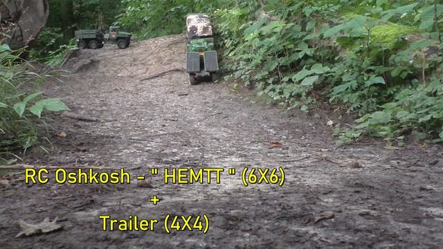 RC Oshkosh HEMTT 6X6 + winch with heavy-duty trailer in the field !!!All differentials locked!!!! смотреть онлайн