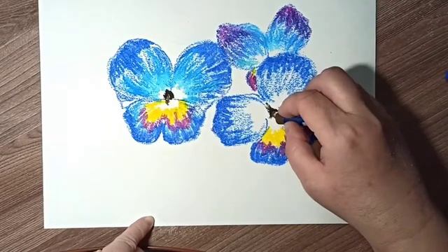 Анютины глазки - рисунок масляной пастелью. смотреть онлайн