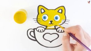 Как нарисовать КОТЕНКА / мультик раскраска КОТЕНОК В ЧАШКЕ для детей / Раскраски малышам