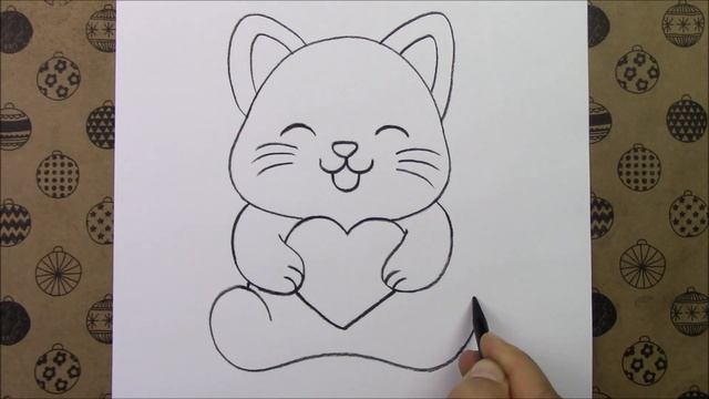 Kolay Kedi Çizimi, Adım Adım Kalp Tutan Sevimli Bir Kedi Resmi Nasıl Çizilir, Easy Cat Drawing