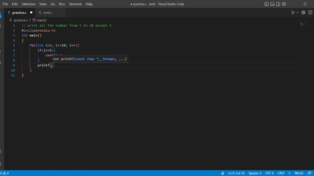 Program to print number from 1 to 10 except 5. смотреть онлайн