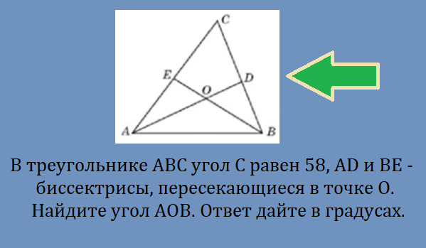 В треугольнике АВС угол С равен 58, AD и ВЕ-биссектрисы, пересекающиеся в точке О. Найдите угол АОВ.