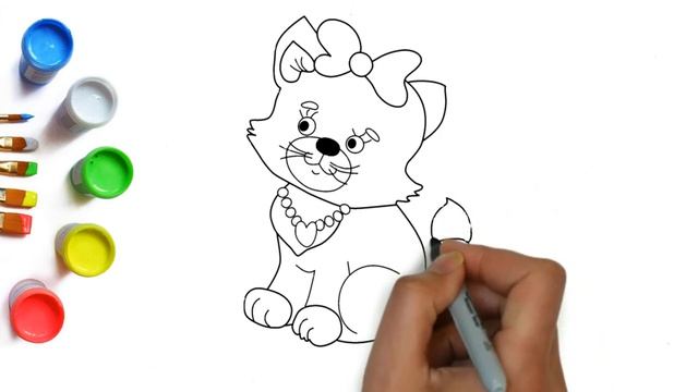 Как нарисовать красивую кошку с красным бантиком легко, рисунки для детей для срисовки смотреть онлайн