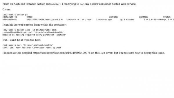 curl (56) Recv failure: Connection reset by peer - when hitting docker container