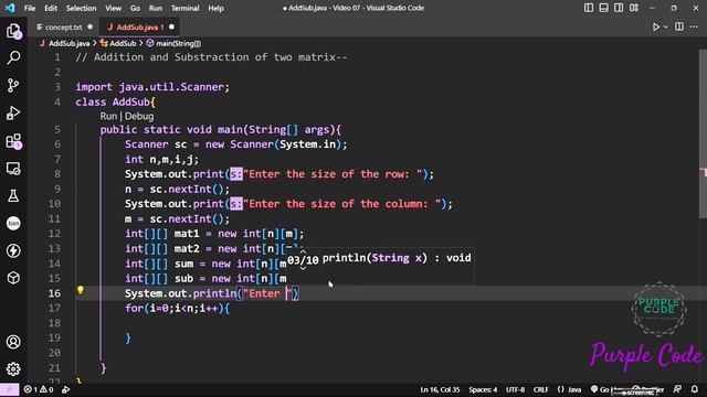 How to add and subtract two matrices || Video 07 || @PurpleCode404 #javaprogramming #java смотреть онлайн