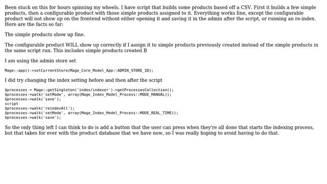 Magento: Cannot get configurable product to show after adding via PHP without running full index смотреть онлайн