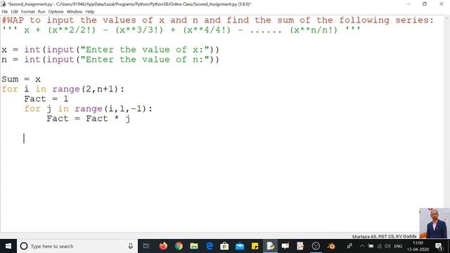 WAP to find the sum of following series: x + (x**2/2!) - (x**3/3!) + ....... (x**n/n!) in python. смотреть онлайн