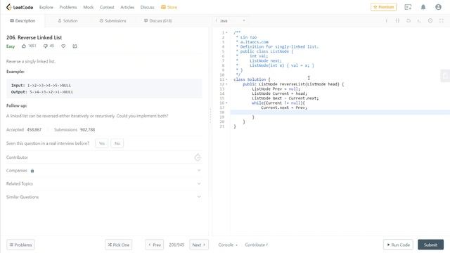 LeetCode 206. Reverse Linked List смотреть онлайн