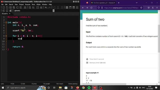 "Sum of two" in C programming language. #Eolymp problem 518. смотреть онлайн