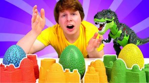 Лепим куличики: гнезда для яиц тираннозавра! Цветной кинетический песок и формочки в видео для детей
