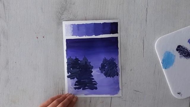 Рисуем зиму в фиолетовых оттенках. Как нарисовать елку. Рисуем гуашью. Рисуем снежные ели. смотреть онлайн