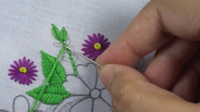 Hand Embroidery Colorful Violet Flower And Leaf Unique Design Part 1