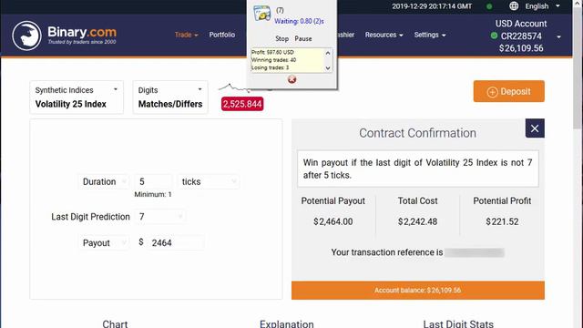 REAL ACCOUNT +$1500 USD Automated Trading Binary.com Volatility (Digits Differs) 29 december 2019 смотреть онлайн