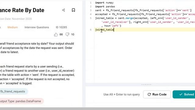 Acceptance Rate By Date | Python Solution | StrataScratch | Meta/Facebook смотреть онлайн