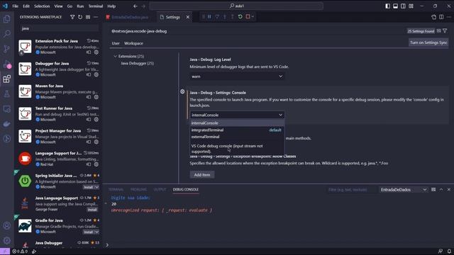 VSCode - Configurando terminal Java Debugger para Entrada de Dados смотреть онлайн