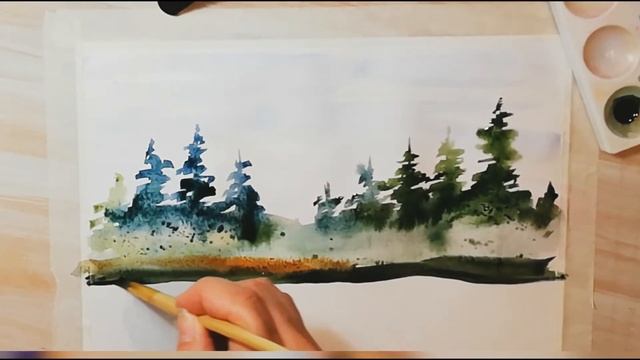 Зимний пейзаж акварелью смотреть онлайн
