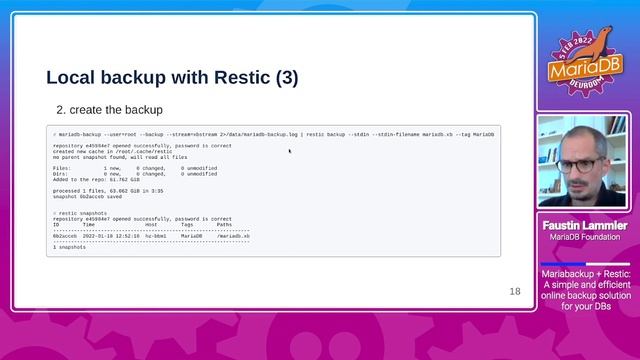 Mariabackup and Restic - Faustin Lammler - FOSDEM 2022 смотреть онлайн
