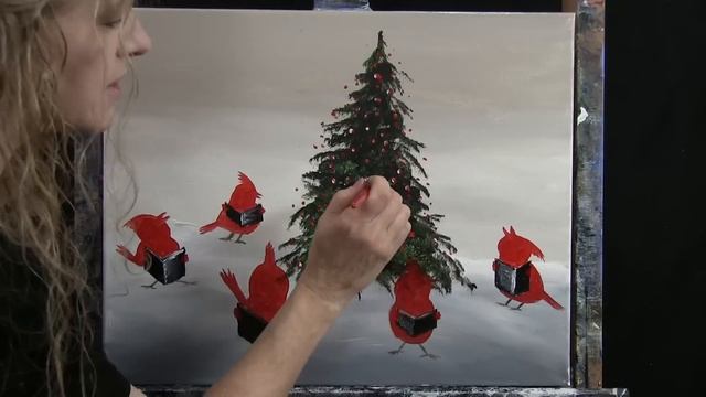TIME LAPSE - Learn How to Paint CAROLING CARDINALS with Acrylic - Fun Holiday Step by Step Tutorial смотреть онлайн