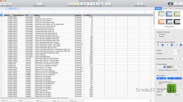 Сортировка данных в Apple Numbers