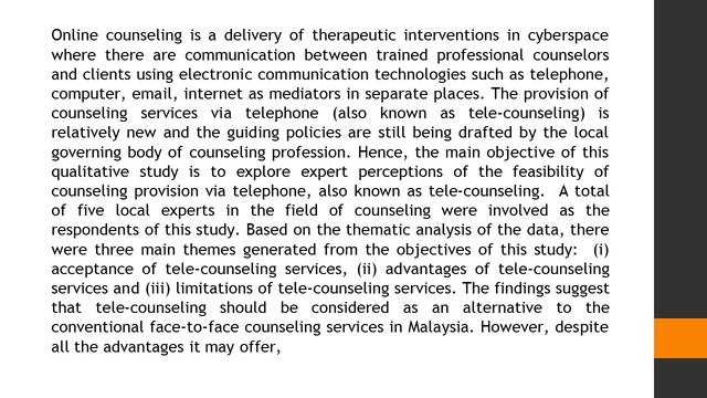 Qualitative Expert Views’ on the Feasibility of Tele Counseling Services in Malaysia JEELR 2020 73 смотреть онлайн