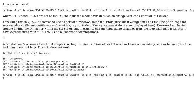 GIS: ogr2ogr sql - how to call file from a variable set in a loop in windows batch (2 Solutions!!) смотреть онлайн