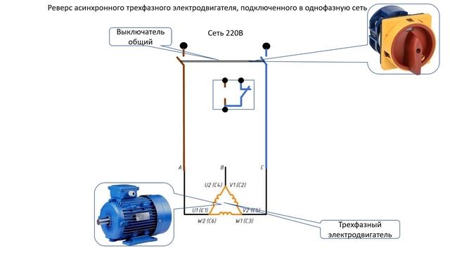 Реверс асинхронного трехфазного электродвигателя, подключенного в однофазную сеть смотреть онлайн