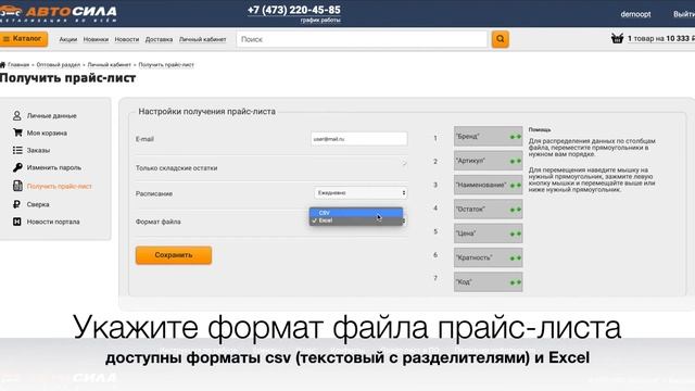 Автосила-опт. Настройка рассылки прайс-листа. смотреть онлайн