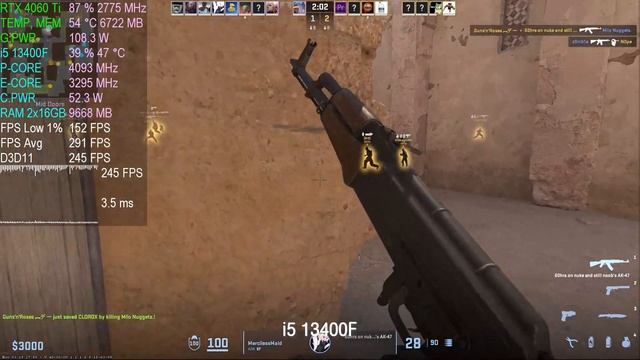 CS2 Counter-Strike 2 : I5 13400F Vs I7 14700KF : RTX 4060 Ti : 1080p Very High Settings , FSR