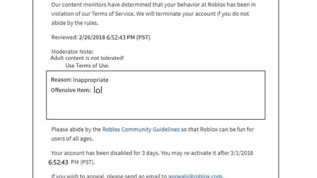 ROBLOX BANNED ME FOR NO REASON!? ROBLOX Terms Of Use
