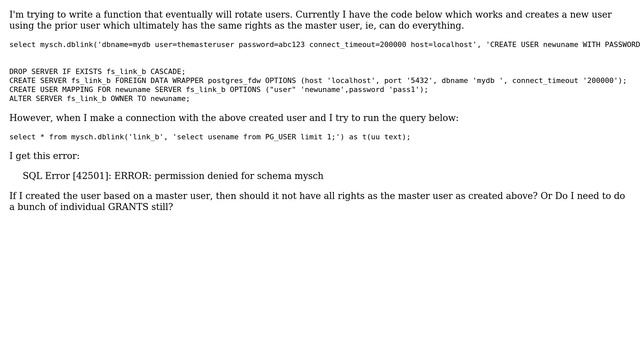 Databases: Postgresql: Permission denied to schema to user created based on master with rights смотреть онлайн