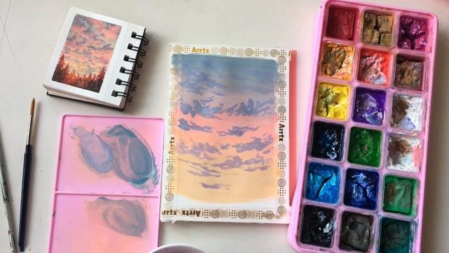 glowing sunset gouache painting tutorial ? recreating my mini painting! ? смотреть онлайн