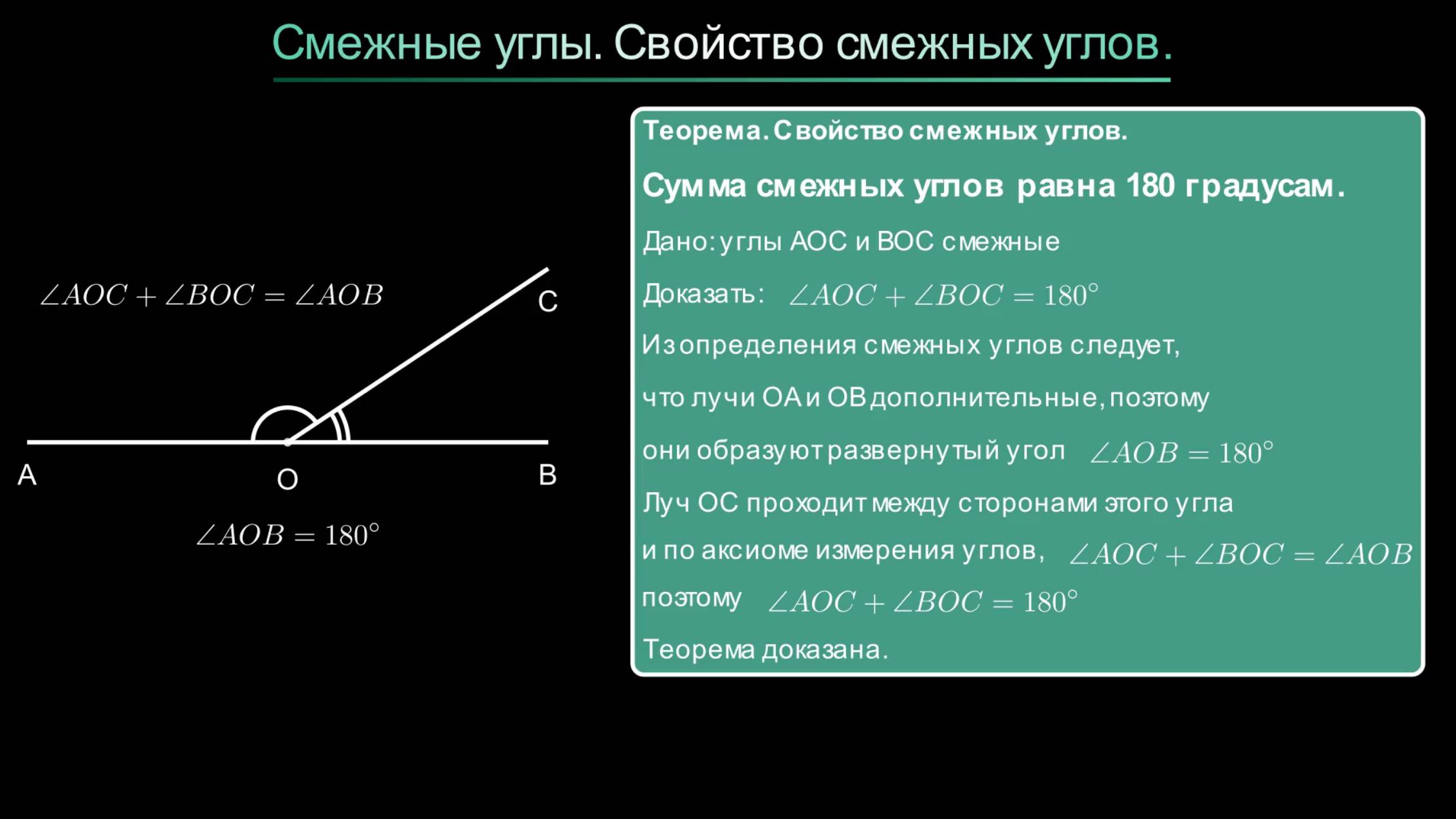 Геометрия 7 класс. Смежные углы. Теорема о свойстве смежных углов. смотреть онлайн