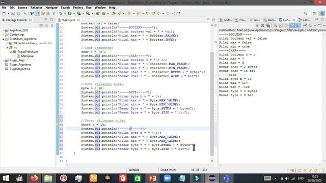 Pengujian tipe data (boolean, char, byte, short, integer, long, double, float) pada Java смотреть онлайн