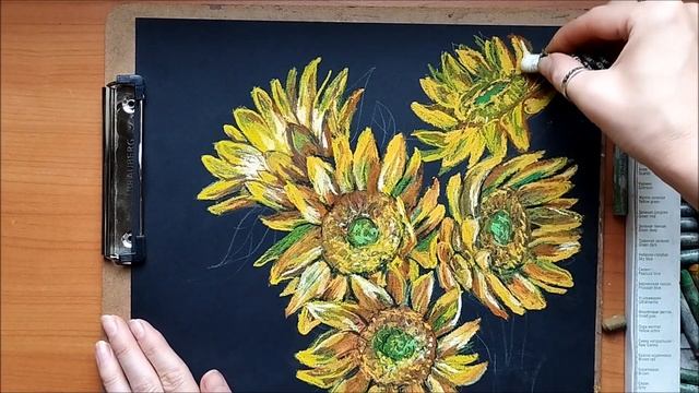 Рисуем подсолнухи масляной пастелью. Осенний натюрморт. We draw sunflowers with oil pastels. смотреть онлайн