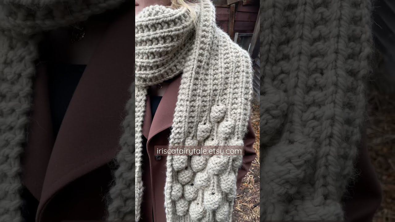 Long “bobble” scarf knitting pattern by #IriscaFairyTale. Video demonstration. #knittingpattern