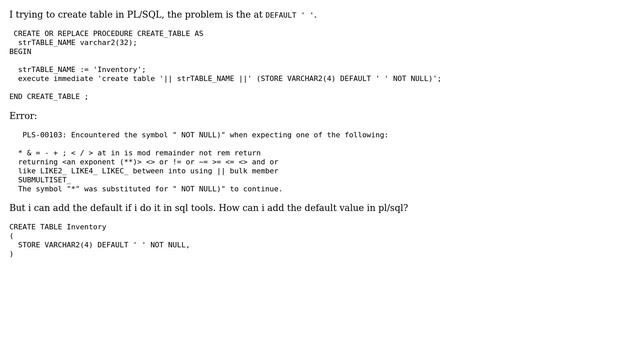Databases: Oracle not able to add Default value in PL/SQL смотреть онлайн