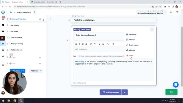 AcademyOcean LMS: Как Cоздать вопросы Enter и Paste Word?