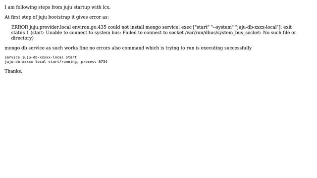 Ubuntu: Juju Local failed with /var/run/dbus/system_bus_socket: No such file or directory смотреть онлайн