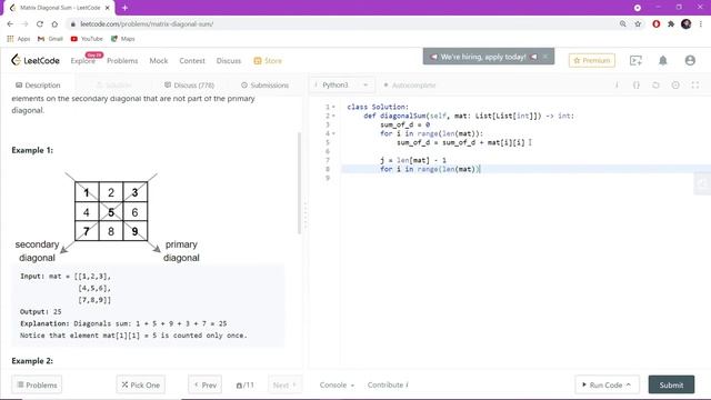 1572. Matrix Diagonal Sum | Python | Urdu / Hindi смотреть онлайн