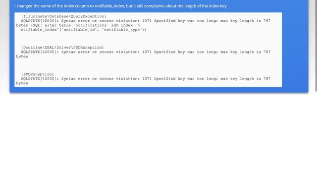 Laravel "Specified key was too long" when creating notifications table смотреть онлайн